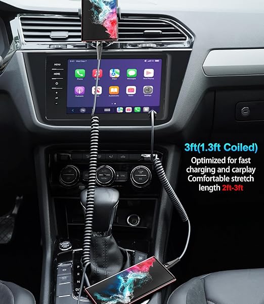 USB C to C Cable 100W 3FT for Car, Coiled USB C Cable Fast Charging for iPhone 16, Short USB Type C Cable for iPhone 17/16/15/Pro Max/Plus/Samsung Galaxy S23, Compatible All Type C Devices -Black