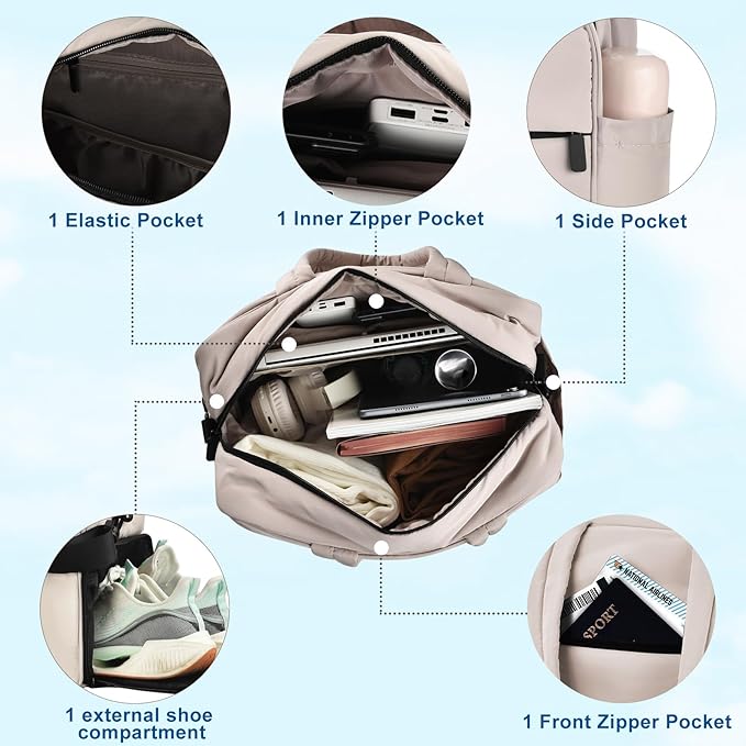 Felipe Varela Puffer Travel Duffle Bag, Gym Bag for Women with Shoe Compartment, Lightweight Tote Weekender Overnight Carry on Duffel Bags for Travel, Airplanes (Camel,19L)