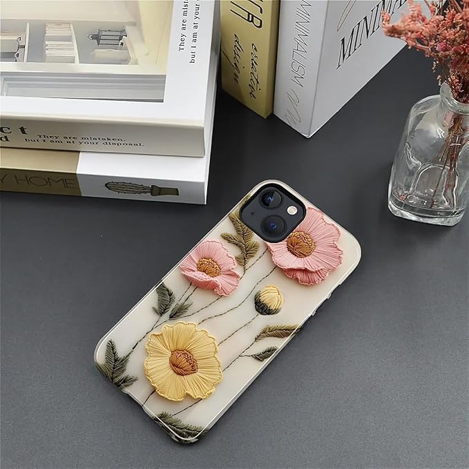 Case for iPhone 14 Plus Case,Faux Embroidery Boho Floral Design - Hybrid Dual Protection Silicone + Hard PC Shockproof Full Body Cover Slim Anti-Scratch Protective Case for Men Women