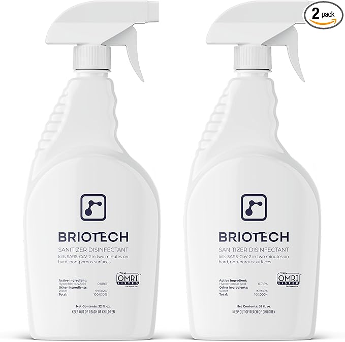 BRIOTECH Sanitizer Disinfectant Hypochlorous Spray, Kills 99.99% of Viruses & Bacteria, Eliminates Odor, Gentle for Nurseries & Play Rooms, Rinse Free Surface Sanitizer, 32 fl oz (Pack of 2)