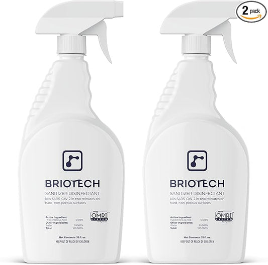 BRIOTECH Sanitizer Disinfectant Hypochlorous Spray, Kills 99.99% of Viruses & Bacteria, Eliminates Odor, Gentle for Nurseries & Play Rooms, Rinse Free Surface Sanitizer, 32 fl oz (Pack of 2)