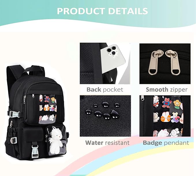 Kawaii Backpack for Teen Girls, Cute Aesthetic High Middle School College Bookbag with Accessories,Black and White
