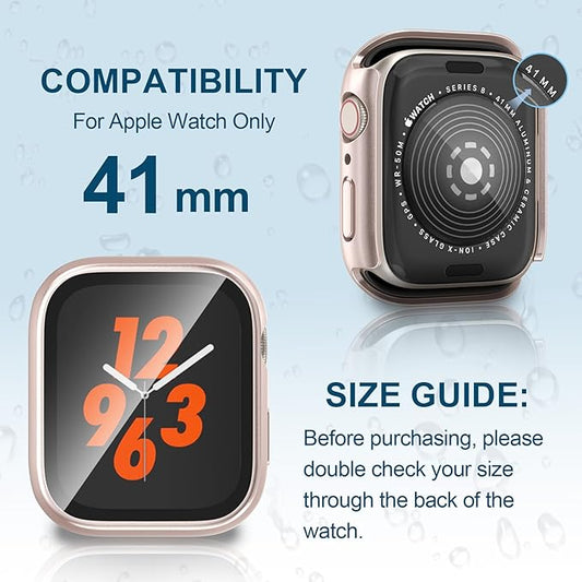 2 in 1 Waterproof Case for Apple Watch Screen Protector 41mm Series 7 8 9 Accessories with Tempered Glass Film Face Protective & PC Bumper Cover Compatible iWatch 41mm
