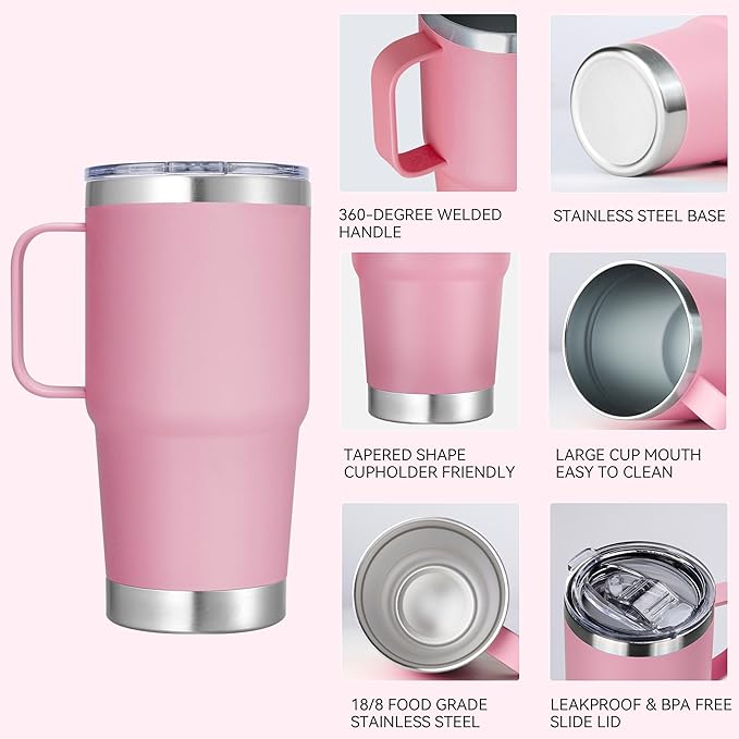20 oz Stainless Steel Tumbler with Handle Bulk Metal Insulated Tumblers Travel Coffee Mug with Handle Double Wall Tumbler Cup with Lid and Straw, Pink 6 Pack