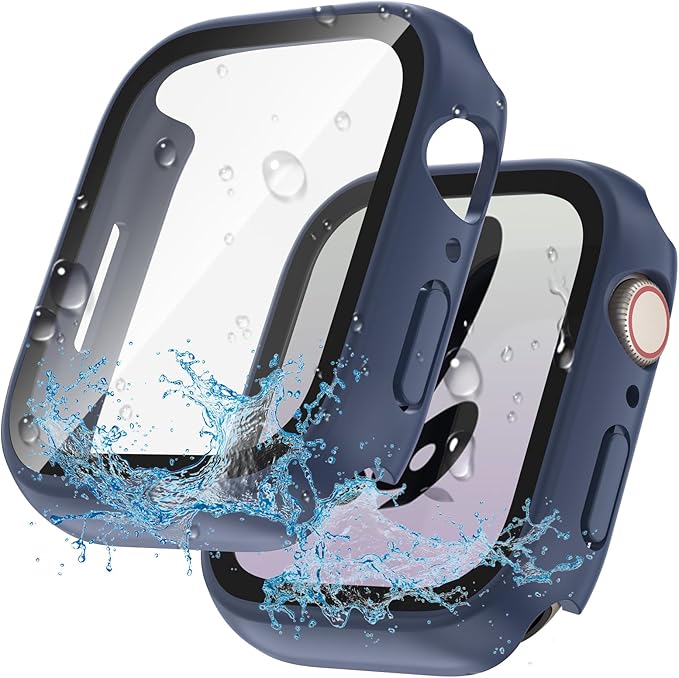 2 in 1 Waterproof Case for Apple Watch Screen Protector 41mm Series 7 8 9 Accessories with Tempered Glass Film Face Protective & PC Bumper Cover Compatible iWatch 41mm