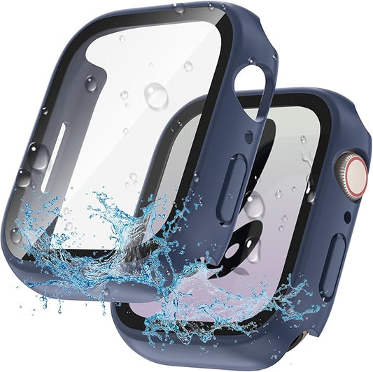 2 in 1 Waterproof Case for Apple Watch Screen Protector 41mm Series 7 8 9 Accessories with Tempered Glass Film Face Protective & PC Bumper Cover Compatible iWatch 41mm
