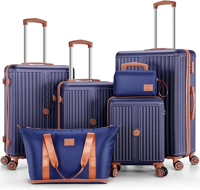 Hoteel Luggage 6-piece Set, 360° Universal Suitcases with Wheels Hard Shell Suitcase with TSA Lock, Including Waterproof Luggage Bag, Travel Maletas for Men and Women,Blue(16/20/24/28Inch)