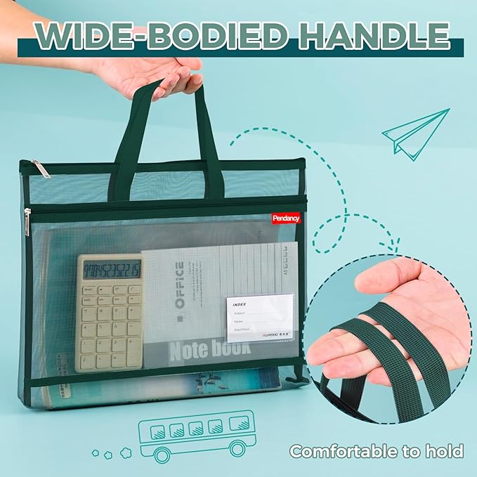 Pendancy Mesh Zipper Pouch A3 Size, Large Double Pocket Lightweight Nylon Transparent File Bag with Handle, 13x17 in Foldable Document Storage for Puzzle Project/Cross Stitch/Travel/Office (Green)