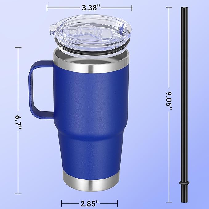 20 oz Stainless Steel Tumbler with Handle Metal Insulated Coffee Travel Mug with Handle Double Wall Tumbler Cup with Lid and Straw, Blue 1 Pack