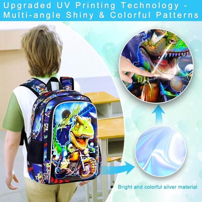 CCJPX 3PCS Dinosaur Backpack for Boys, 16 Inch Kids Water Resistant Preschool Bookbags with Lunch Box, Cool School Bag for Kindergarten Toddler