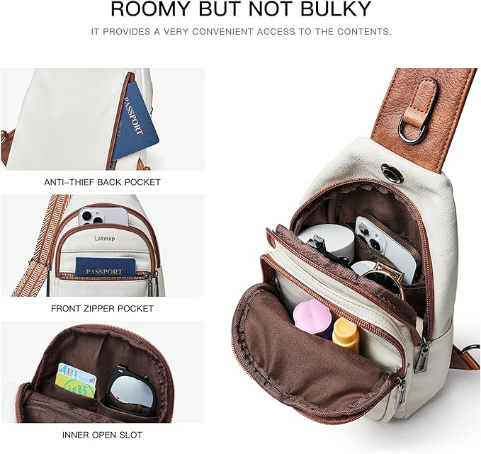 7L Sling Bag For Women Faux Leather Anti Theft Small Casual Daypack Backpack Fanny Pack Crossbody Chest Bags Purse Waterproof Beige Brown