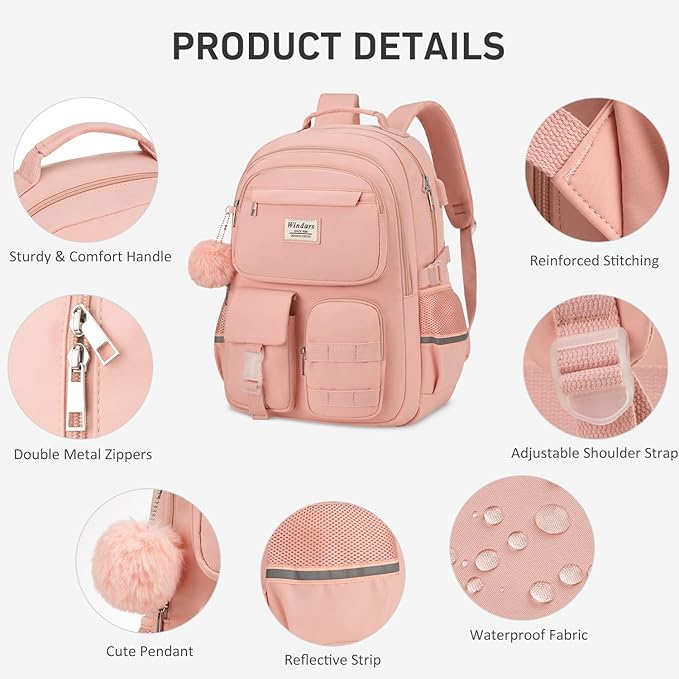 School Backpack for Teen Girls, Cute Laptop Backpack for Women Students, Middle High School Bags Aesthetic Bookbag for College Travel Fit 15.6 Inch Laptop (Pink)