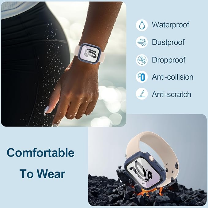 2 in 1 Waterproof Case for Apple Watch Screen Protector 41mm Series 7 8 9 Accessories with Tempered Glass Film Face Protective & PC Bumper Cover Compatible iWatch 41mm