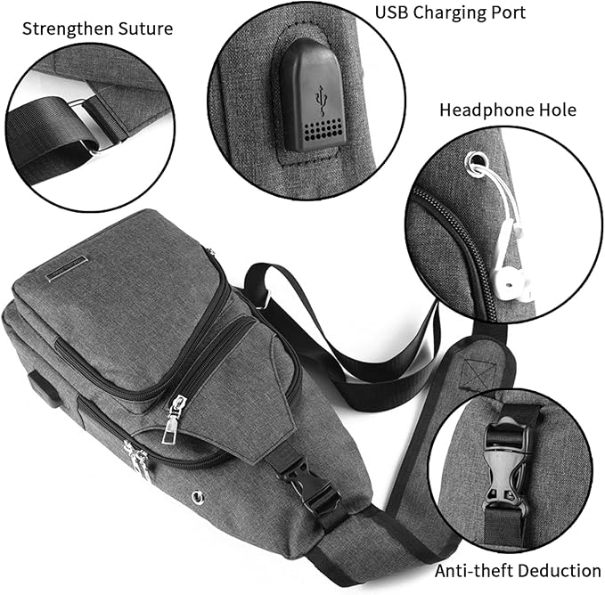 Seoky Rop Men Women Sling Backpack Anti Theft Crossbody Shoulder Chest Bag with USB Charging Port