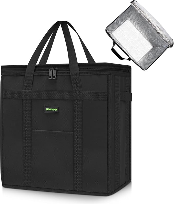 JUNGYOON Heavy-Duty Insulated Grocery Bags & Picnic Basket – Collapsible Cooler Bag with Zippered Top | Reusable Shopping Bags for Groceries, Picnics, Easy Storage (M Black)