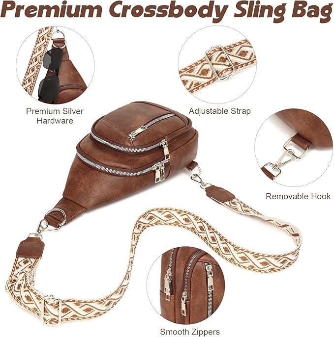 Sling Bag Crossbody Backpack - 2 in 1 Leather Cross Body Bag Fanny Pack with 2 Removable Straps