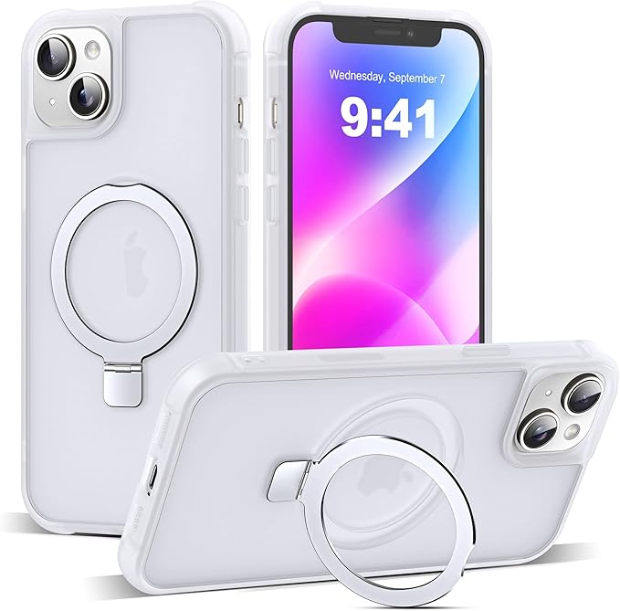 Compatible with iPhone 14 Plus Case with Invisible Magnetic O-Ring Stand Military-Grade Phone Case for iPhone 14 Plus 6.7" [Compatible with Mag-Safe][Great Grip Feeling],Translucent