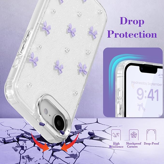 EYZUTAK Case for iPhone 16e, Bling Glitter 3D Bowknot Phone Case Cute Sparkly Crystal Clear Bow Aesthetic Design Cover Slim Soft Durable TPU Transparent Protective Cover for Women Girl - Purple Bow