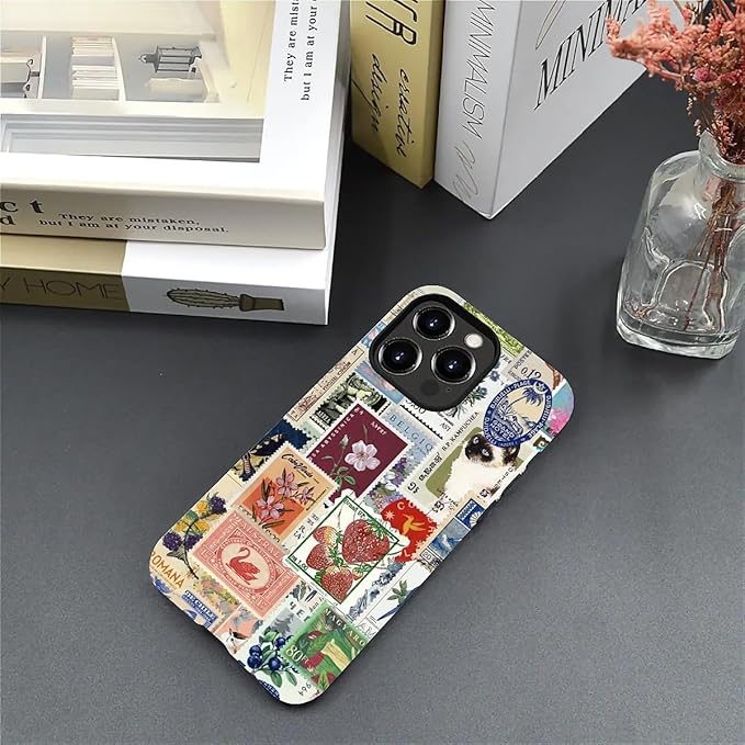 Case for iPhone 15 Pro,Vintage Stamp Collage for Woman Men Full Body Protective Cover Shockproof 2 in 1 Silicone + Hard PC Case for iPhone 15 Pro