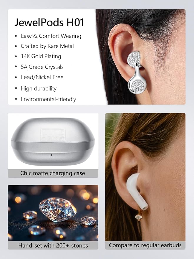 JewelPods H01 Wireless Earbuds, Pretty Bluetooth Headphones for Small Ears, Teardrop Design Metal Earbuds with Premium Sound, AI Clear Call & 72H Play, Unique Gift for Her, White Gold