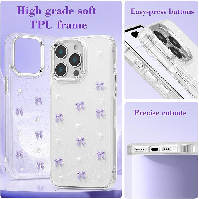 EYZUTAK Case for iPhone 15 Pro, Bling Glitter 3D Bowknot Phone Case Cute Sparkly Crystal Clear Bow Aesthetic Design Case Slim Soft Durable TPU Transparent Protective Cover for Women Girl - Purple Bow