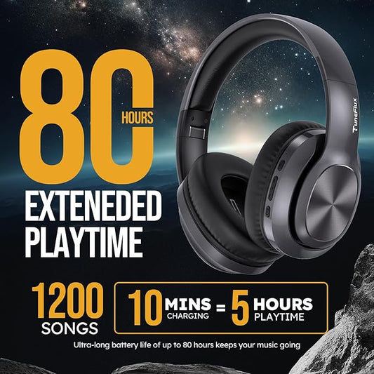 TuneFlux Wireless Bluetooth Headphones Over Ear, 80H Playtime, 3EQ Sound Modes, HiFi Stereo Headphones with Deep Bass, Foldable Bluetooth 5.3 Headsets for Smartphone/PC/Computer-Metallic