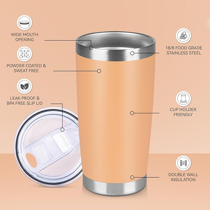 20 oz Tumbler Stainless Steel Tumblers Bulk with Lid Double Wall Insulated Coffee Tumbler Cups for Hot & Cold Drinks Powder Coated Travel Coffee Tumbler Mug Metal (Cream Orange, 12 pack)