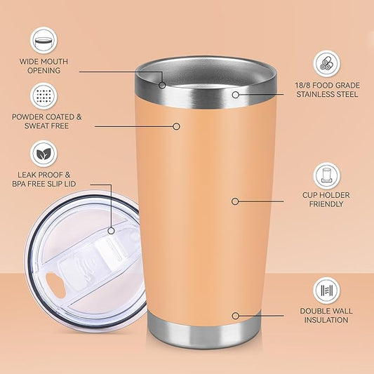 20 oz Tumbler Stainless Steel Tumblers Bulk with Lid Double Wall Insulated Coffee Tumbler Cups for Hot & Cold Drinks Powder Coated Travel Coffee Tumbler Mug Metal (Cream Orange, 6 pack)