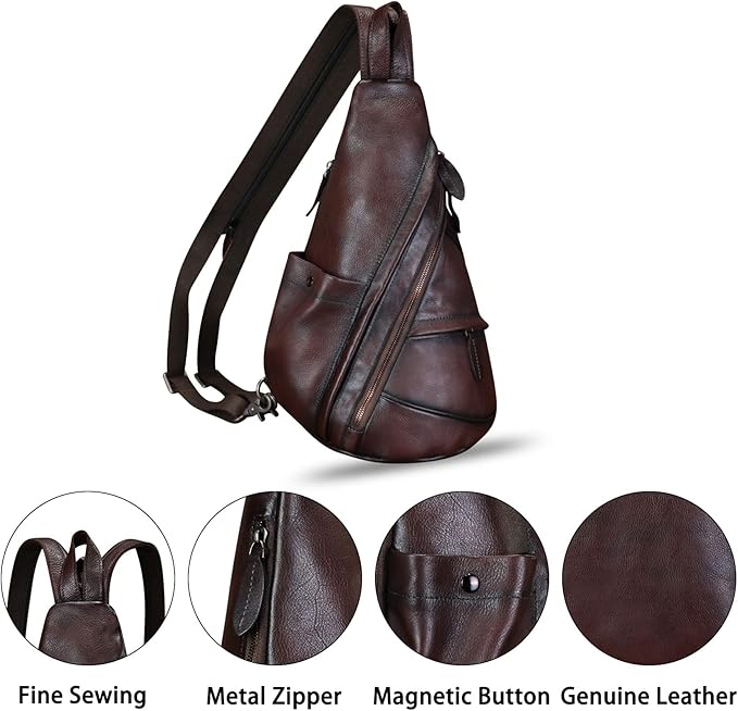 Genuine Leather Sling Bag for Men and Women Leather Sling Backpack Purses Chest Bag Crossbody Shoulder Fanny Bag
