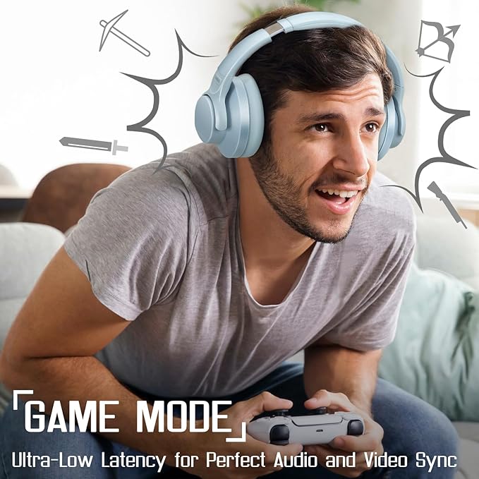 TUINYO Wireless Headphones - Noise Cancelling Over Ear Bluetooth Headphones with 60H Playtime, Deep Bass Hi-Fi Stereo Sound & Comfortable Earpads for Travel, Home and Office-Blue Gray…