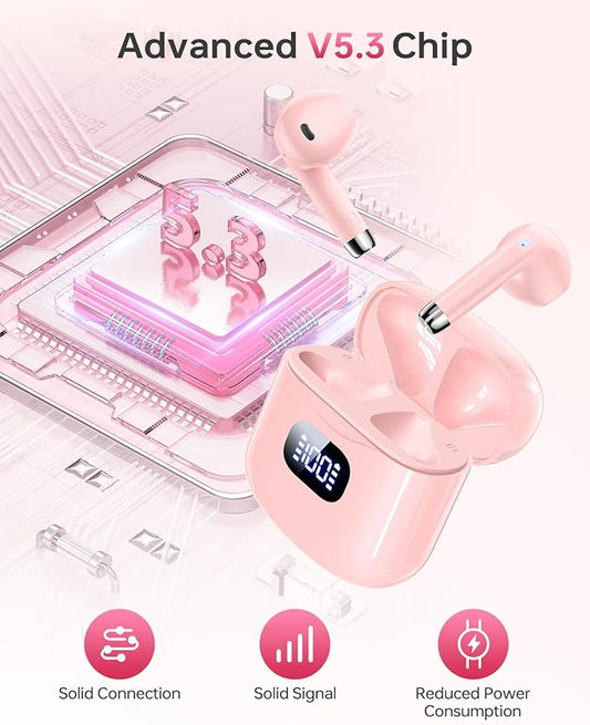 Wireless Earbuds Bluetooth 5.3 Headphones, 40Hrs Playback Stereo Ear Buds with LED Display Charging Case IPX7 Waterproof in-Ear Earphones with Mic for Phone Tablet Laptop Sports, Pink