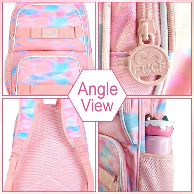 3Pcs Backpack for Girls Women, 17 Inches Tie-dye College School Bookbag Set for Teens Students, Water Resistant Laptop Backpacks with Lunch Bag(Pink)