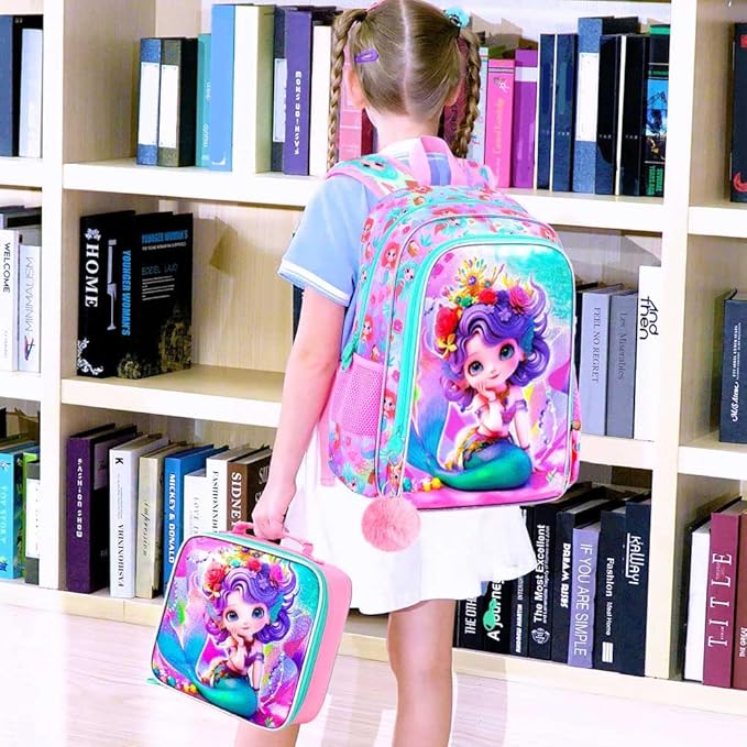 Mermaid Backpack, 16" Girls Kids Bookbag with Lunch Box，3Pcs School Backpacks for Elementary Preschool Kindergarten (Pink)