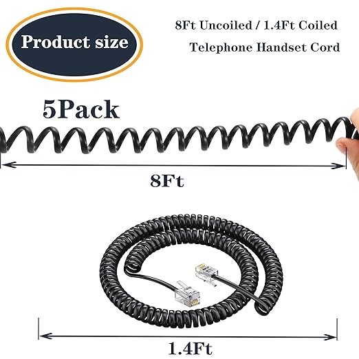 Telephone Handset Cord,Coiled Wire 8Ft Uncoiled / 1.4Ft Coiled Landline Phone Handset Cable RJ9 4P4C Telephone Accessory (5 Pack Cord)