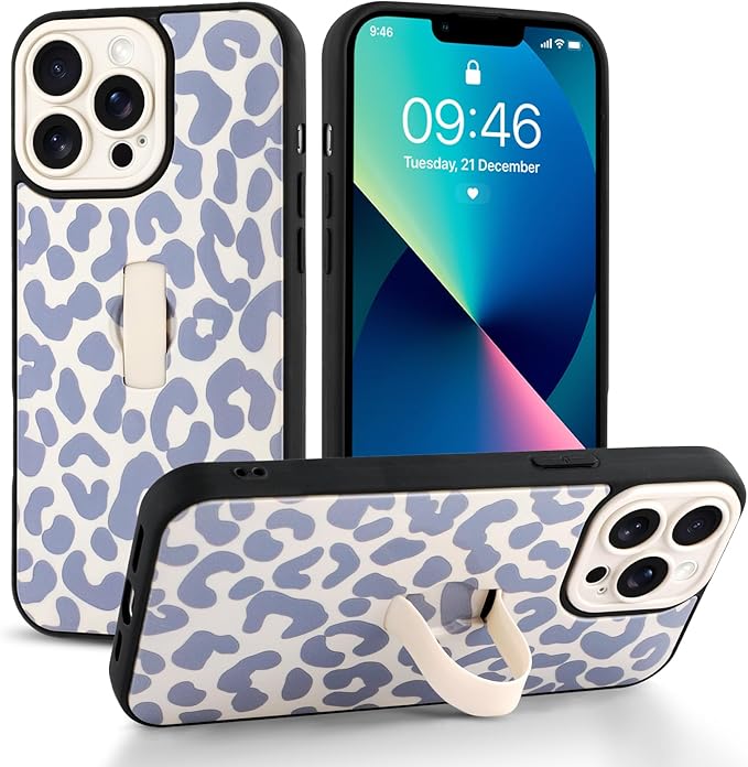 Compatible with iPhone 13 Pro Max Case with Finger Hand Strap Kickstand, Trendy Cool Leopard Cheetah Print Phone Case for Women Men, Full Camera Protection Shockproof Protective Cover, White