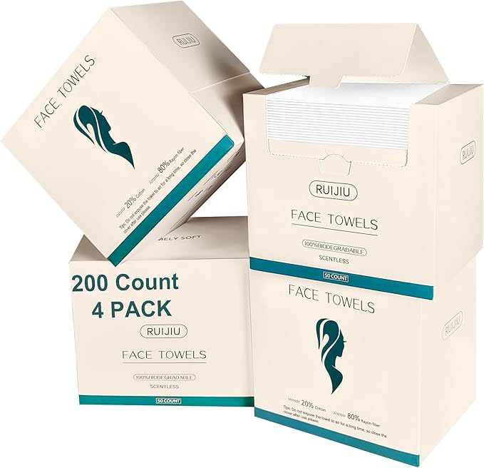 200 Count 4 PACK Disposable Face Towel, Large Size 10"X 12", Disposable Face Cloths, 100% Biodegradable Towel, Skin Soft and Thick for Washing Face