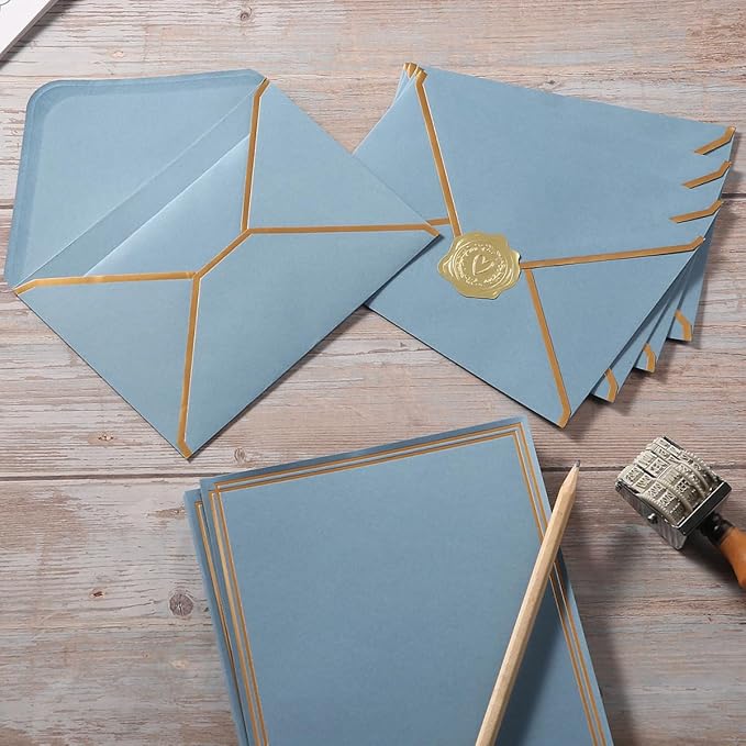 50 Pack Stationery Set with Gold Border, A6 Envelopes and 6x8 Paper Sheets and Stickers for Writing Letters (Dusty-Blue, 6x8 Inches)