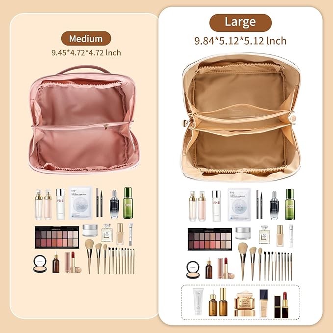 Travel Makeup Bag, Large Capacity Cosmetic Organizer Bags for Women, Waterproof PU Leather Toiletry Bags, Wide Open Flat Makeup Case with Divider and Handle