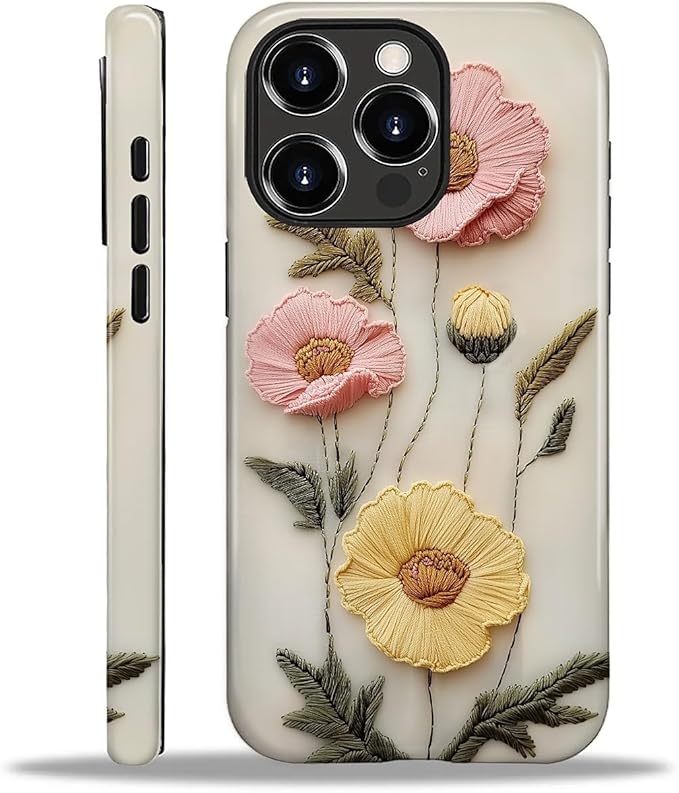 Case for iPhone 16 Pro Case,Faux Embroidery Boho Floral Design - Hybrid Dual Protection Silicone + Hard PC Shockproof Full Body Cover Slim Anti-Scratch Protective Case for Men Women