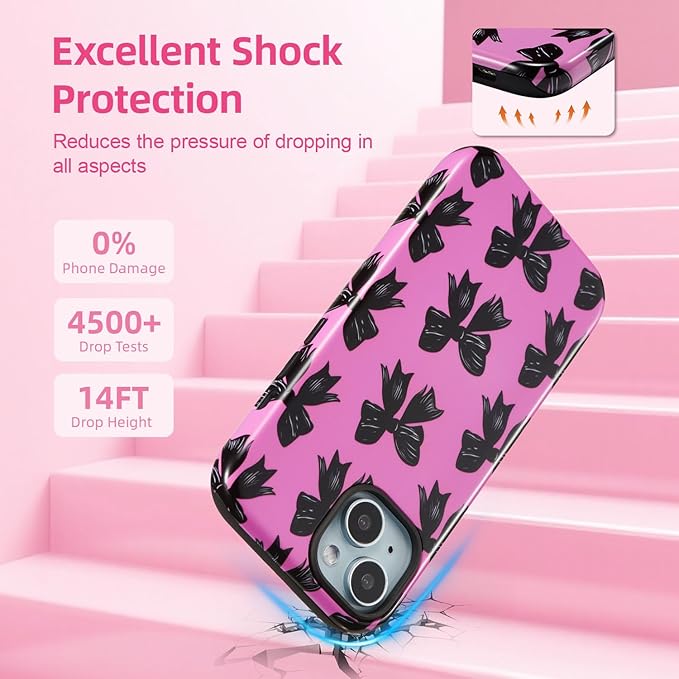 QLTYPRI Case for iPhone 15, Aesthetic Black Ribbon Bow Phone Case for Girls Women, Protective Hybrid 2-Layer Hard Shell Silicone Cover Durable Shockproof Phone Cover - Rose Red
