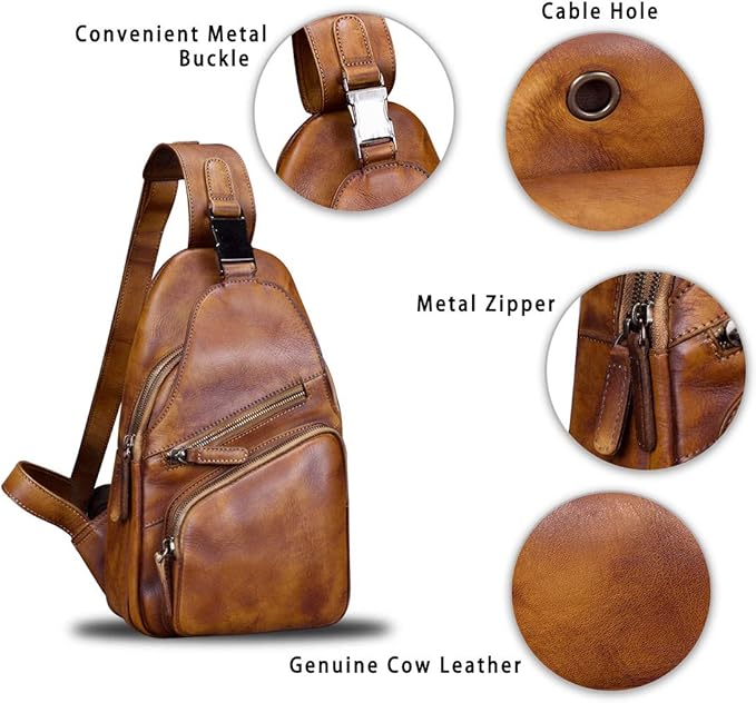 IVTG Genuine Leather Sling Bags for Men and Women Chest Shoulder Backpack Handmade Crossbody Motocycle Daypack