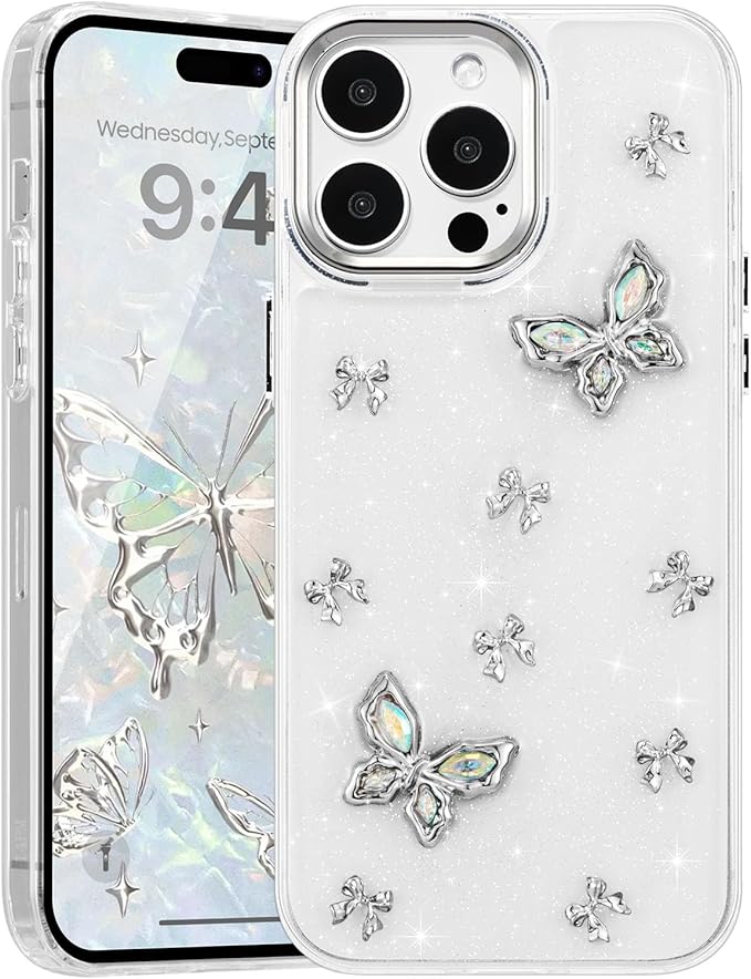 EYZUTAK Case for iPhone 14 Pro, Bling Glitter 3D Butterflies Bowknot Phone Case Cute Crystal Clear Bow Aesthetic Case Slim Soft Durable TPU Transparent Protective Cover for Women Girls - Butterfly