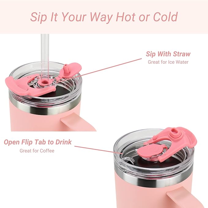 Drinco 40oz 30 oz Tumbler with Handle, Straw Lid, Insulated Stainless Steel Travel Mug Water Bottle Ice Coffee Cup For Cold and Hot, BigSur (30oz, Peach)