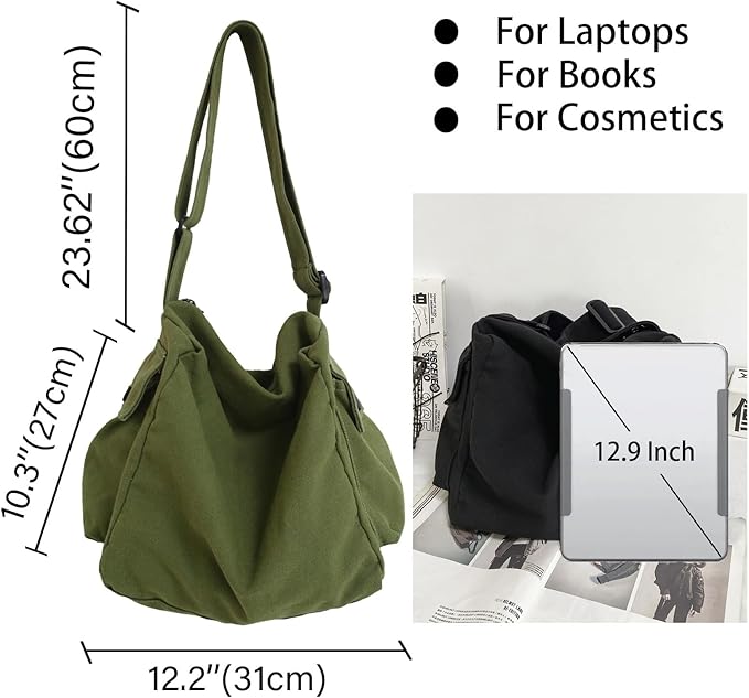 KlaOYer Canvas Messenger Bag Large Hobo Bag Crossbody Shoulder Bag Tote Bag with Pocket for Women and Men