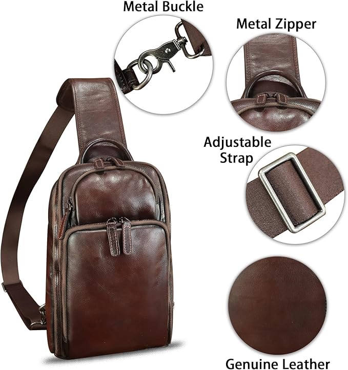 Genuine Leather Sling Bag for Men and Women Vintage Leather Sling Backpack Crossbody Bag Chest purse for 11 Inch Ipad Pro