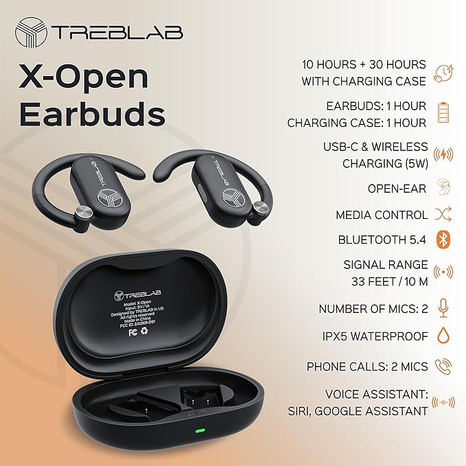 TREBLAB X-Open - True Open Ear Wireless Earbuds, Lightweight Comfort, Behind-Ear Fit, Immersive Sound, Dual Mic for Calls, 40H Playtime, Bluetooth Headphones Open Ear for Sports, Workout, Running