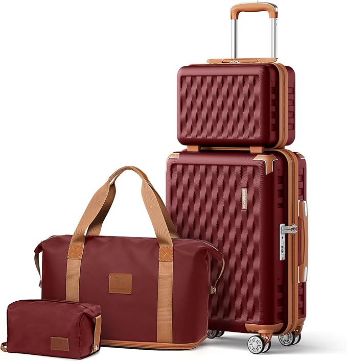 Melalenia Luggage Set 4 Piece Carry On, Hardside Suitcase with TSA Lock and Spinner Wheels, Carry-On Ailline Approved, Red Brown