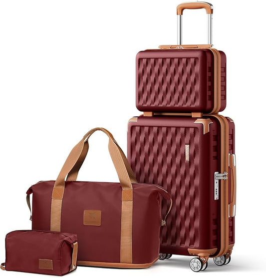 Melalenia Luggage Set 4 Piece Carry On, Hardside Suitcase with TSA Lock and Spinner Wheels, Carry-On Ailline Approved, Red Brown