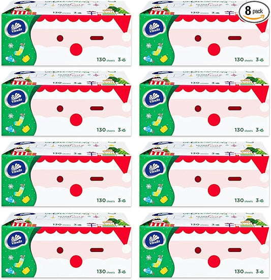3-Ply Premium Soft Facial Tissues, Ultra Care for Sensitive Skin, 130 Tissues per Box, 8 Flat Boxes – Strong, Gentle & Ideal for Home or Office Use