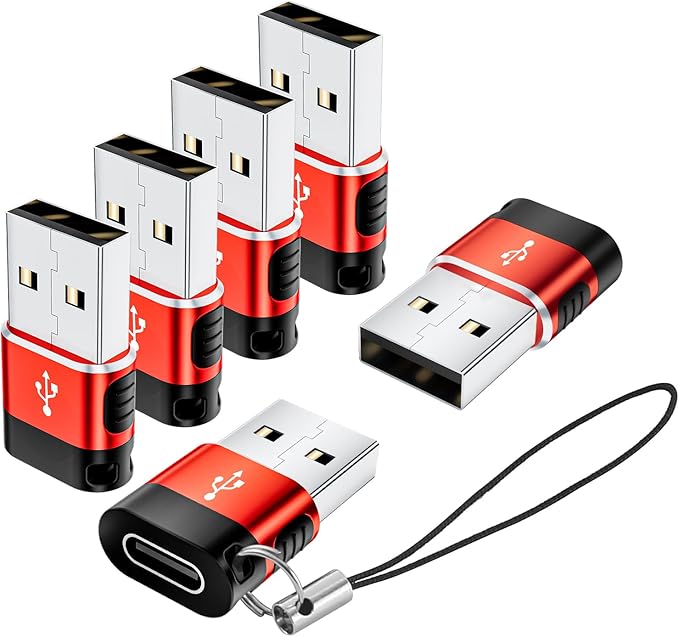 USB to USB C Adapter 6 Pack,USB A to USB C Adapter,USBC Female to USBA Male,Type C Cable Converter for iPhone,MacBook,iPad,AirPods,Charger,Red